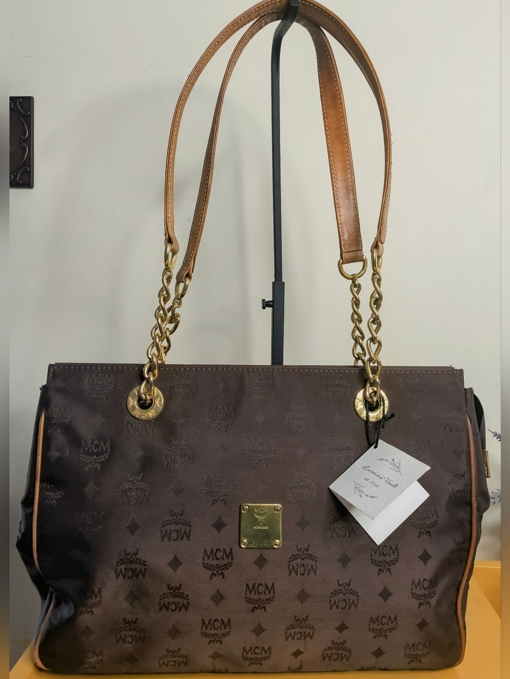 MCM Brown Logo Canvas Shoulder Tote with Gold Chain Handles
